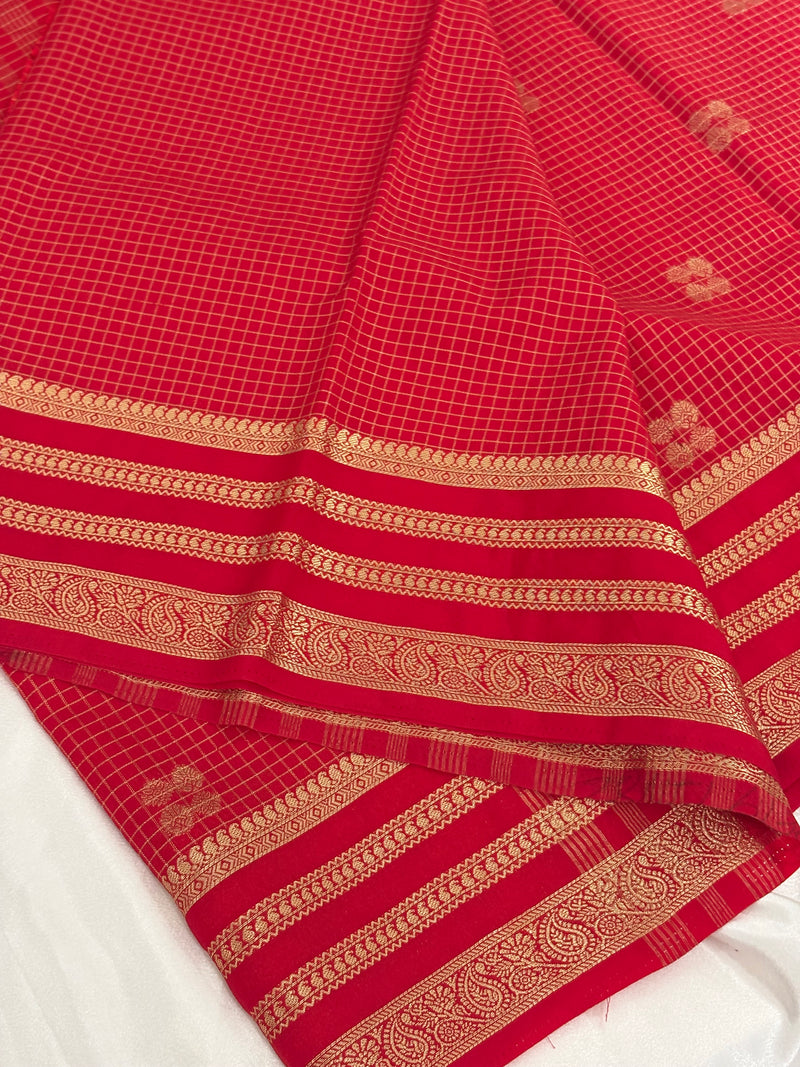 Red Semi Mysore Silk Checks Saree with Butta - AU13