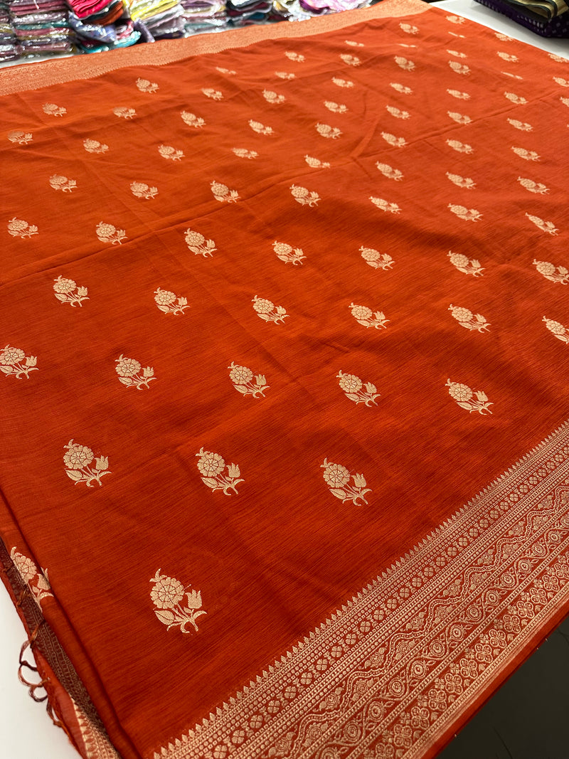 Venkatagiri fancy soft Linen Cotton sarees with self blouse and fancy Border and Butties all over🌹 - AU12