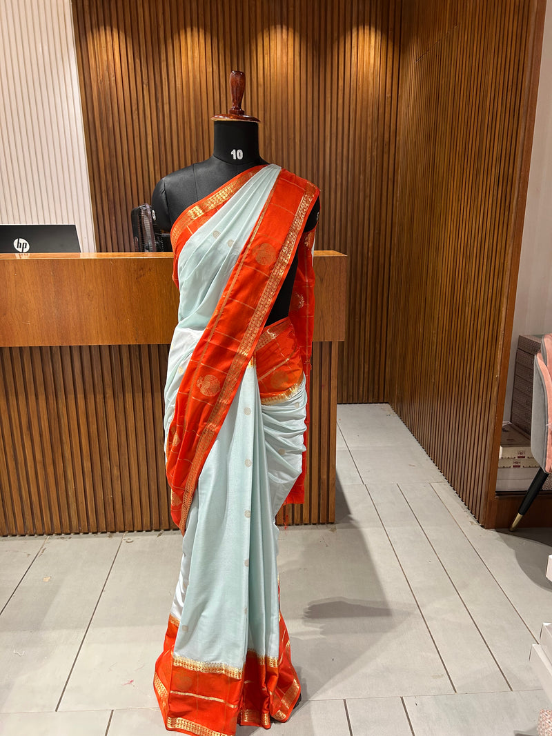 Light Blue X Orange Premium Semi Mysore Crape Silk Saree- JU16