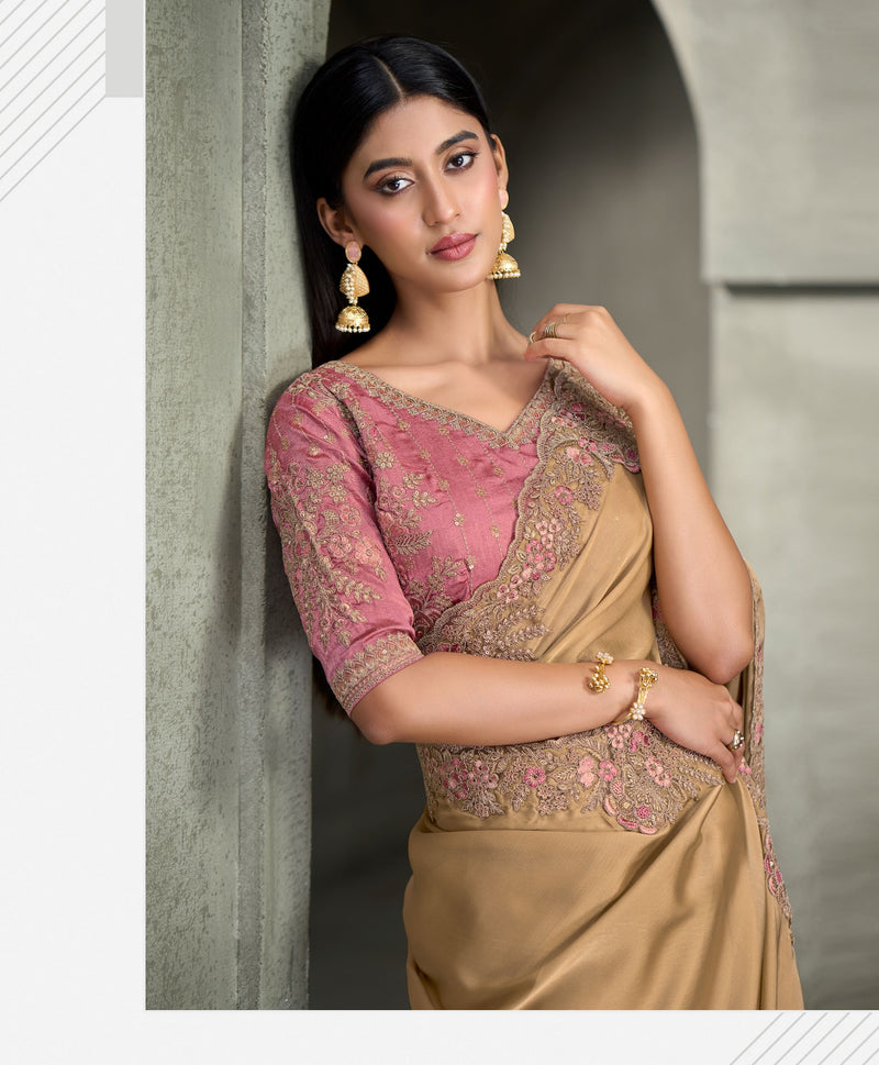 SW-1708 — DEEP CREAM SARTIN GEORGETTE SAREE & BANGLORE WORK BLOUSE