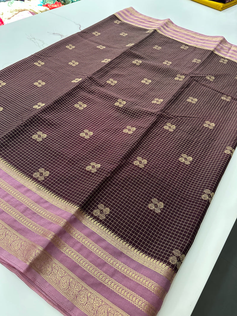 Semi Mysore Silk Checks Saree with Butta-AU16