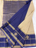 Semi Crepe Silk Saree - Cream x Navy Blue (J29)