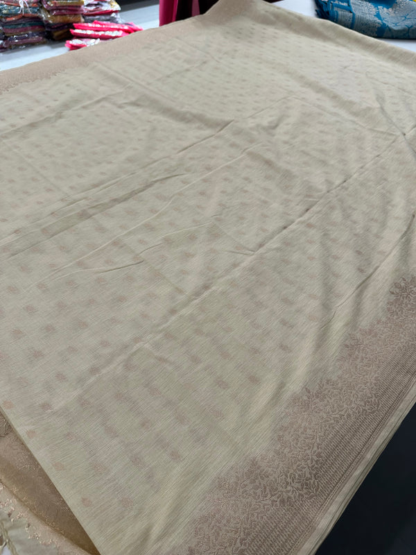 Venkatagiri fancy soft Linen Cotton sarees with self blouse and fancy Border and Butties all over 🌹-AU9