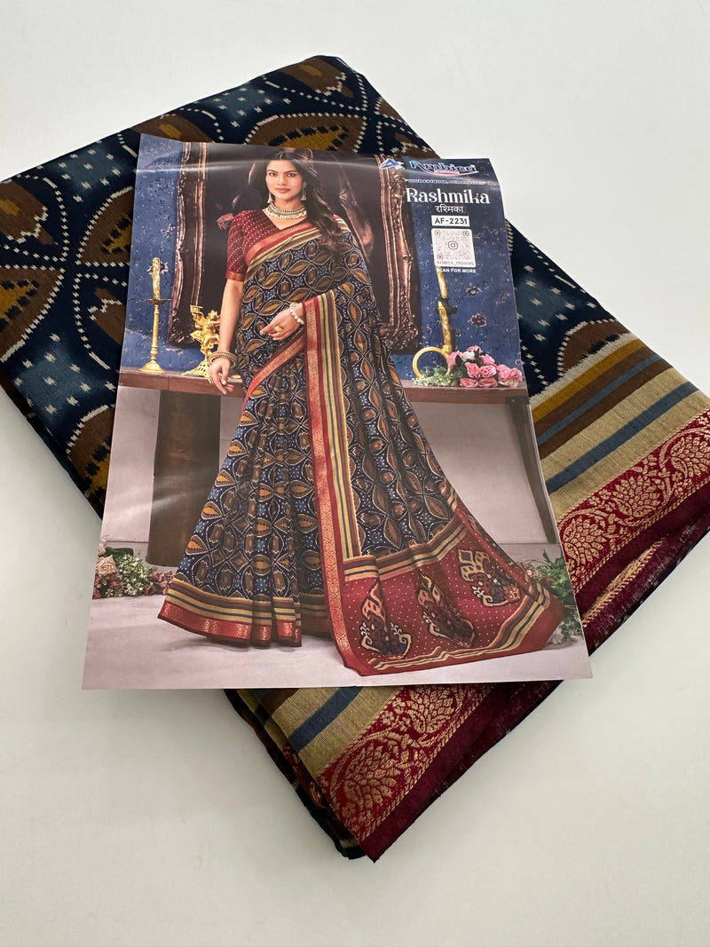 Soft Lightweight Printed Cotton Saree - Blue Mustard Yellow Print - AU27