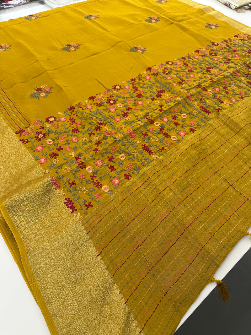 Pure Tussar Silk With Katha Work and Embroidery Buttas in Premium Finishing🦋 🌹-JU16