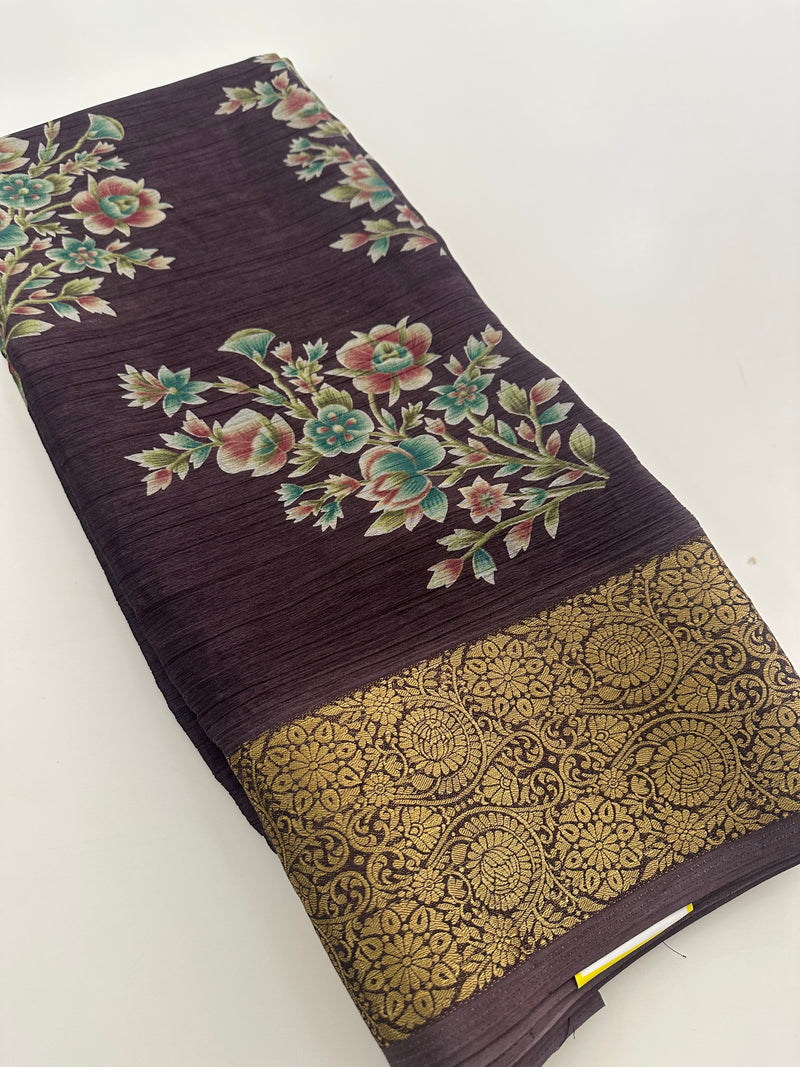 Crush Crape Chiffon Printed Sarees With self Butti Printed Blouse Piece🌹- J29