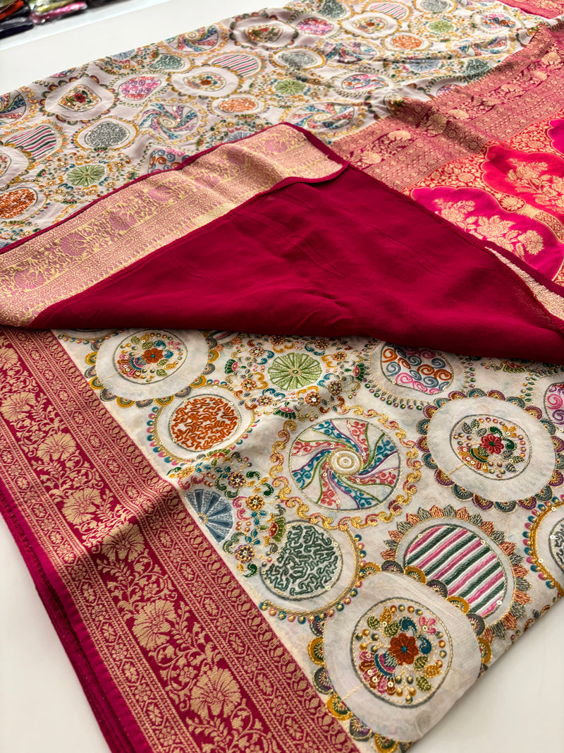 Pashmina silk sari with aari work round designs all over and contrast pink blouse🌹-AU2