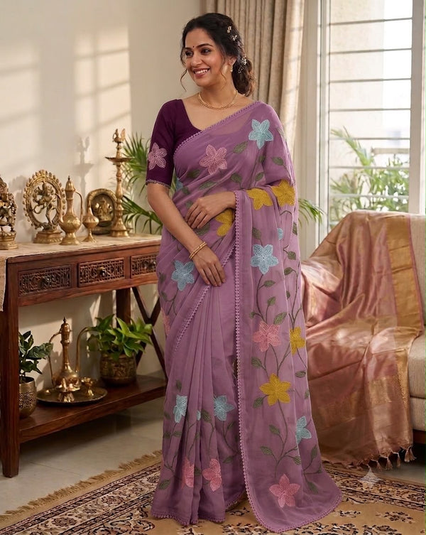 Start Georgette Saree With Embroidery Work-J30