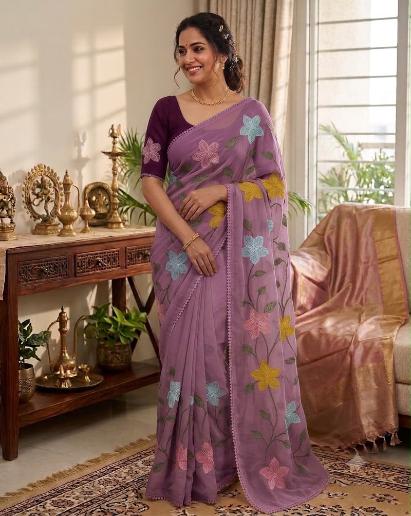 Start Georgette Saree With Embroidery Work-J30