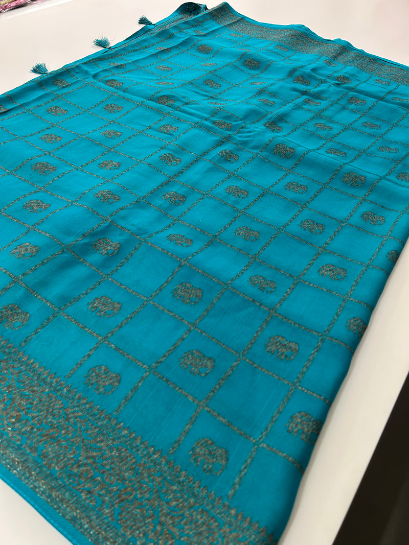 Tussar Silk Fancy Sarees,, comes in checks and elephant buttas all over 🌹-JU30