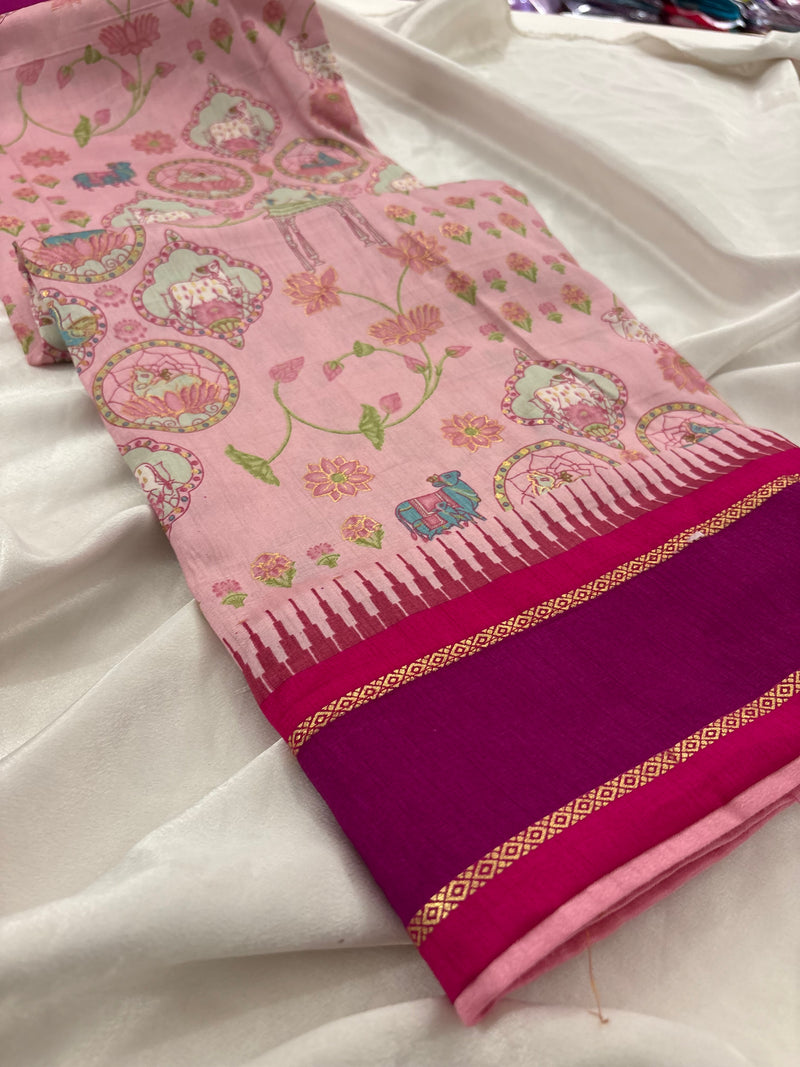 Baby Pink Rani Pink Soft Floral Printed Saree SALE