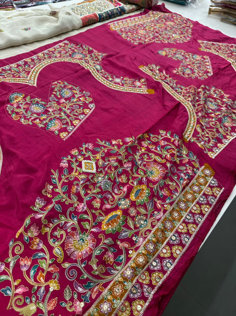 Cream Colorblock Pure Pashmina Work Silk Saree-AU10