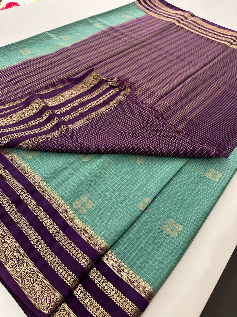 Semi Mysore Silk Checks Saree with Butta-AU16