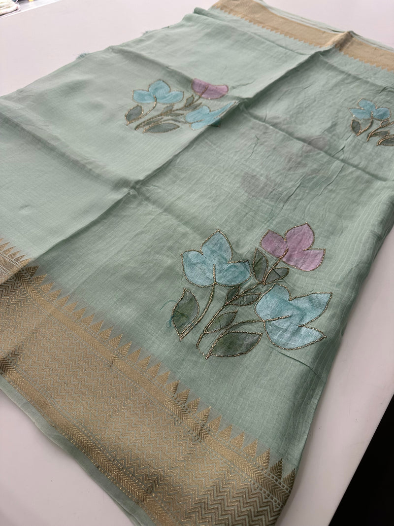 Pista Green Viscose Crepe Floral Designer Saree AU26