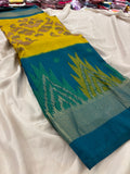 Yellow Blue Soft Pochampally Printed Saree SALE