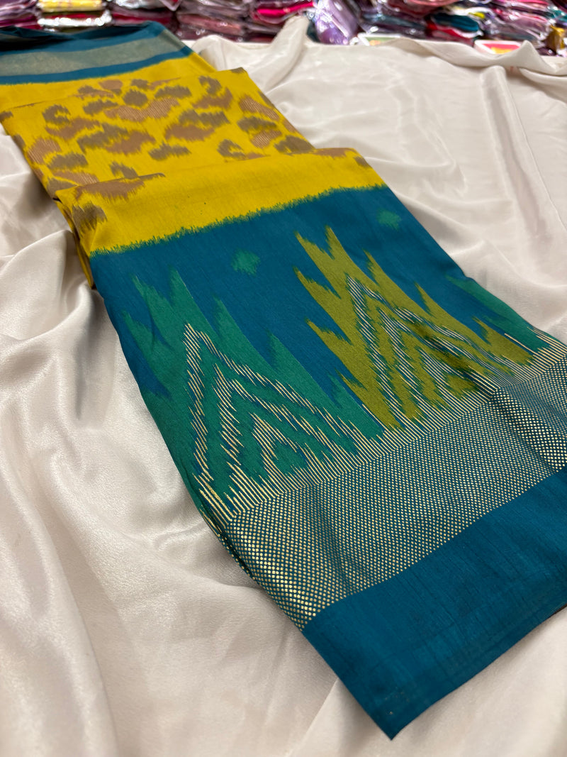Yellow Blue Soft Pochampally Printed Saree SALE
