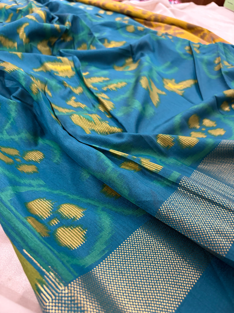 Yellow Blue Soft Pochampally Printed Saree SALE