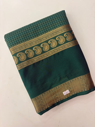 BENTEX BORDER SELF CHEX SEMI CREPE SILK SAREE-GREEN