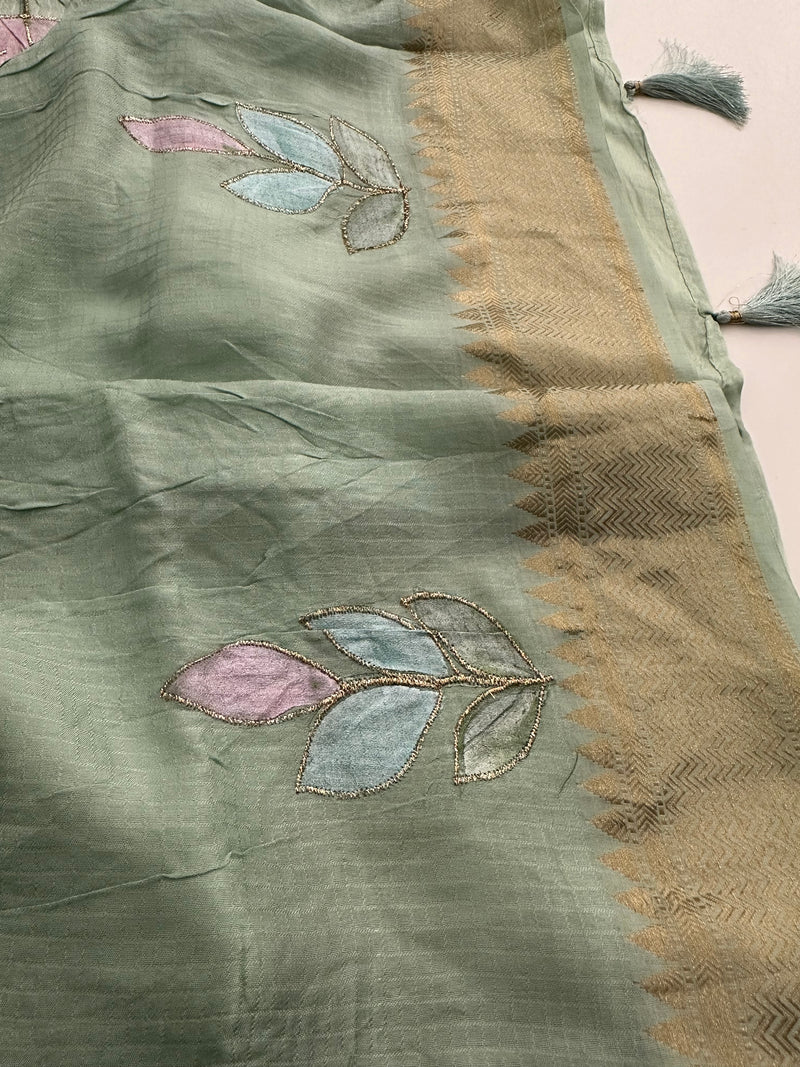 Pista Green Viscose Crepe Floral Designer Saree AU26
