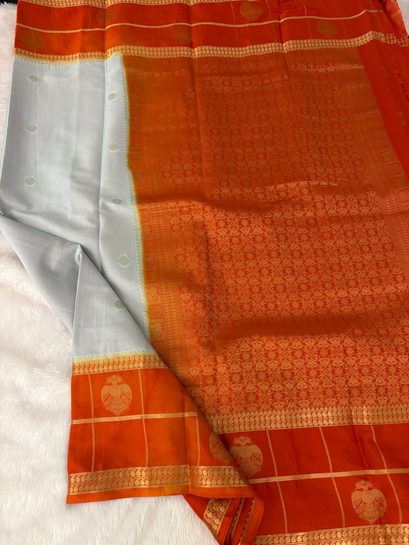 Semi Crepe Silk Saree - Sky Blue x Orange (J29)
