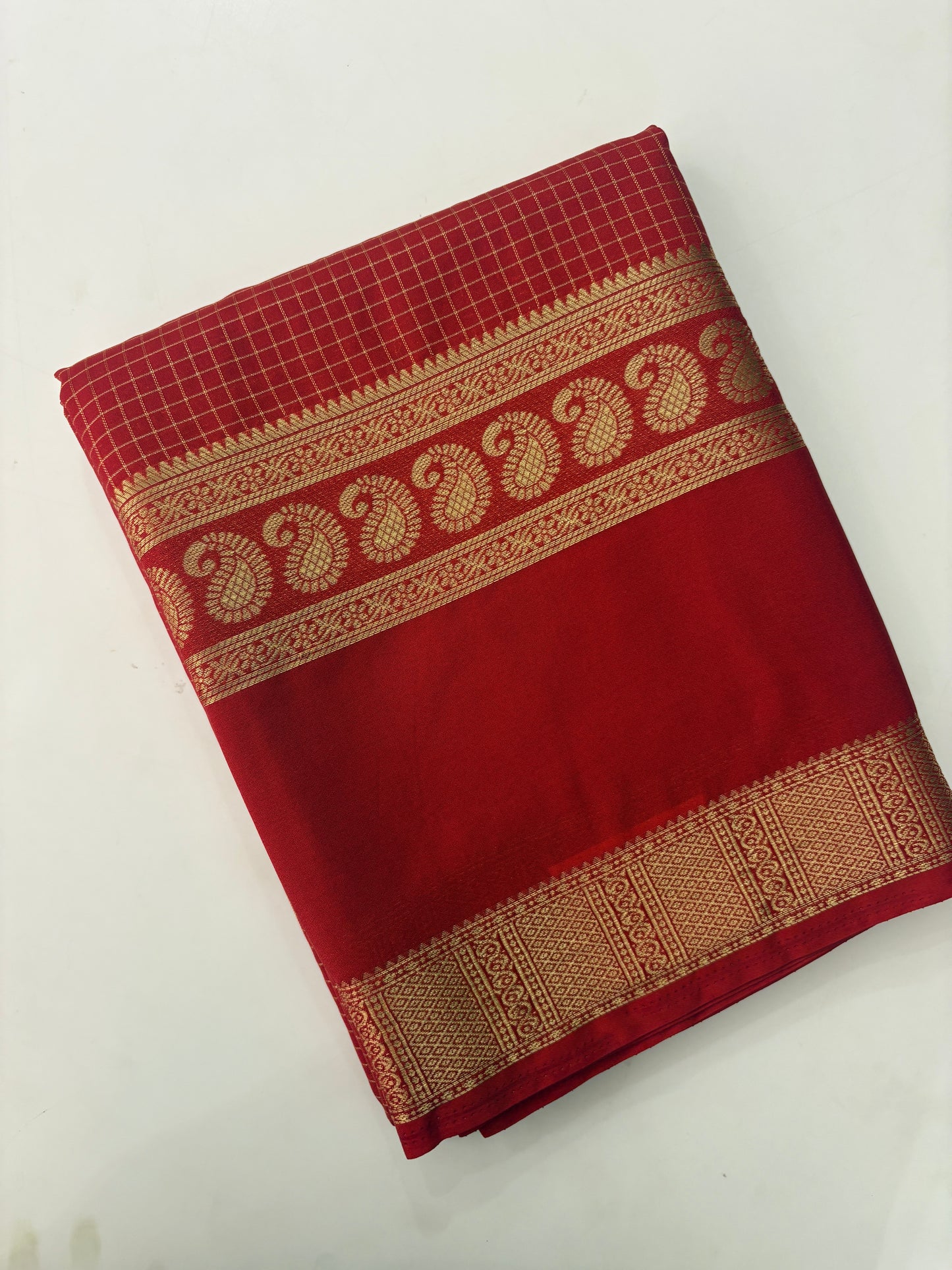 BENTEX BORDER SELF CHEX SEMI CREPE SILK SAREE-RED