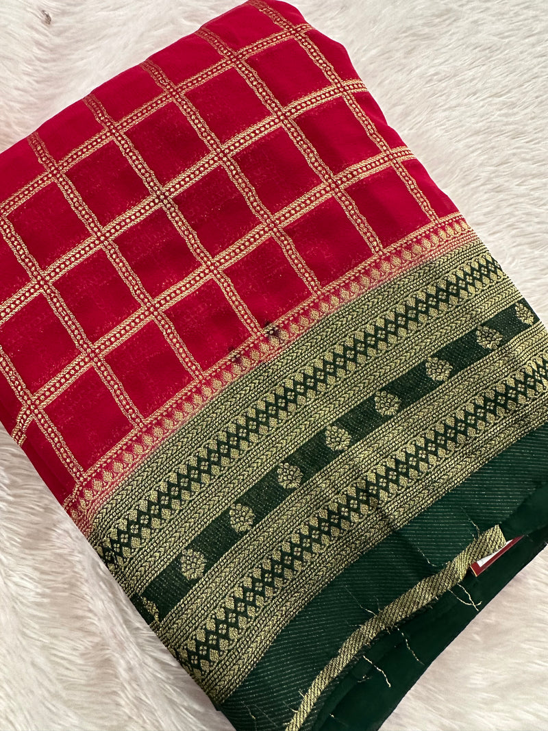 Premium Georgette Sarees In Checks Zari and Small Border with Contrast Blouse Piece 🌹-JU18
