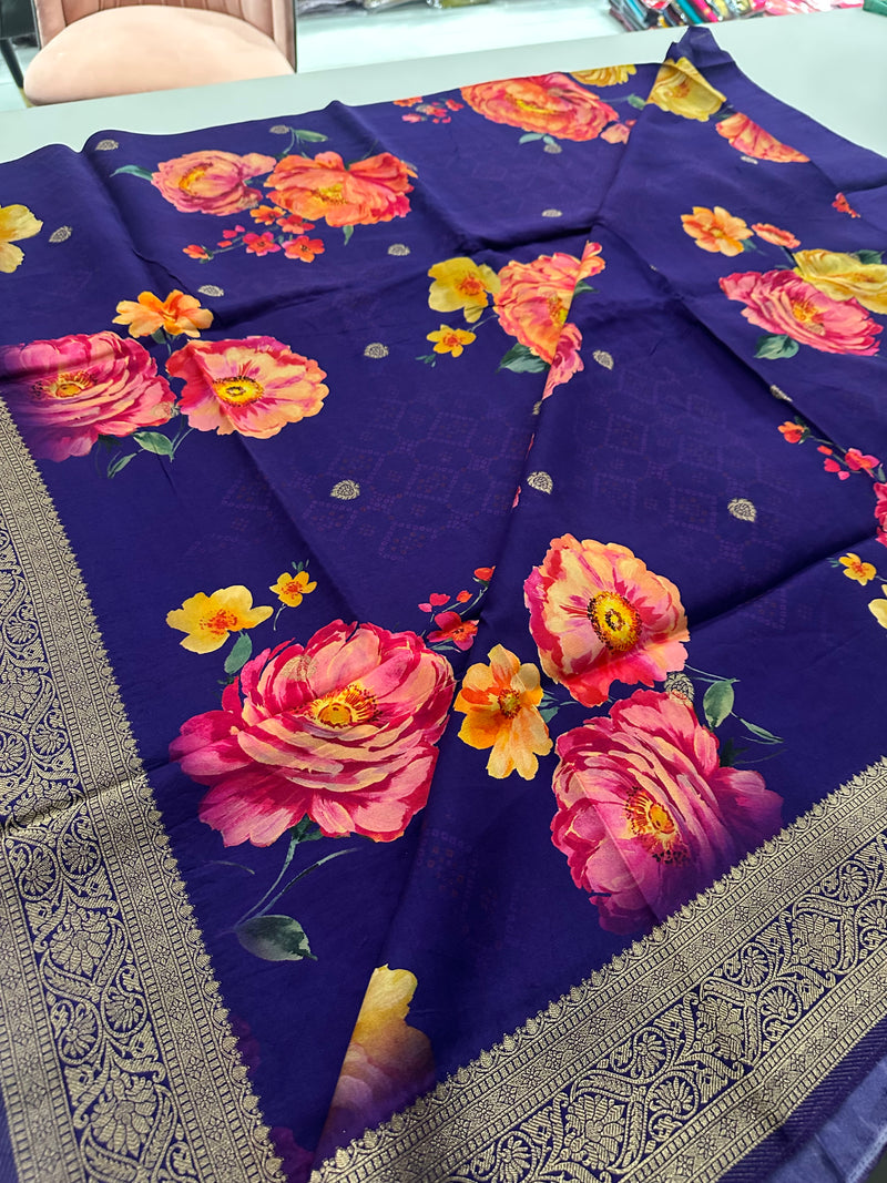 Digital Printed Premium Viscose Sarees In Big Floral Prints and Plain Self Blouse with Gold Weaving Border and and Rich Weaving Pallu🌹JU27