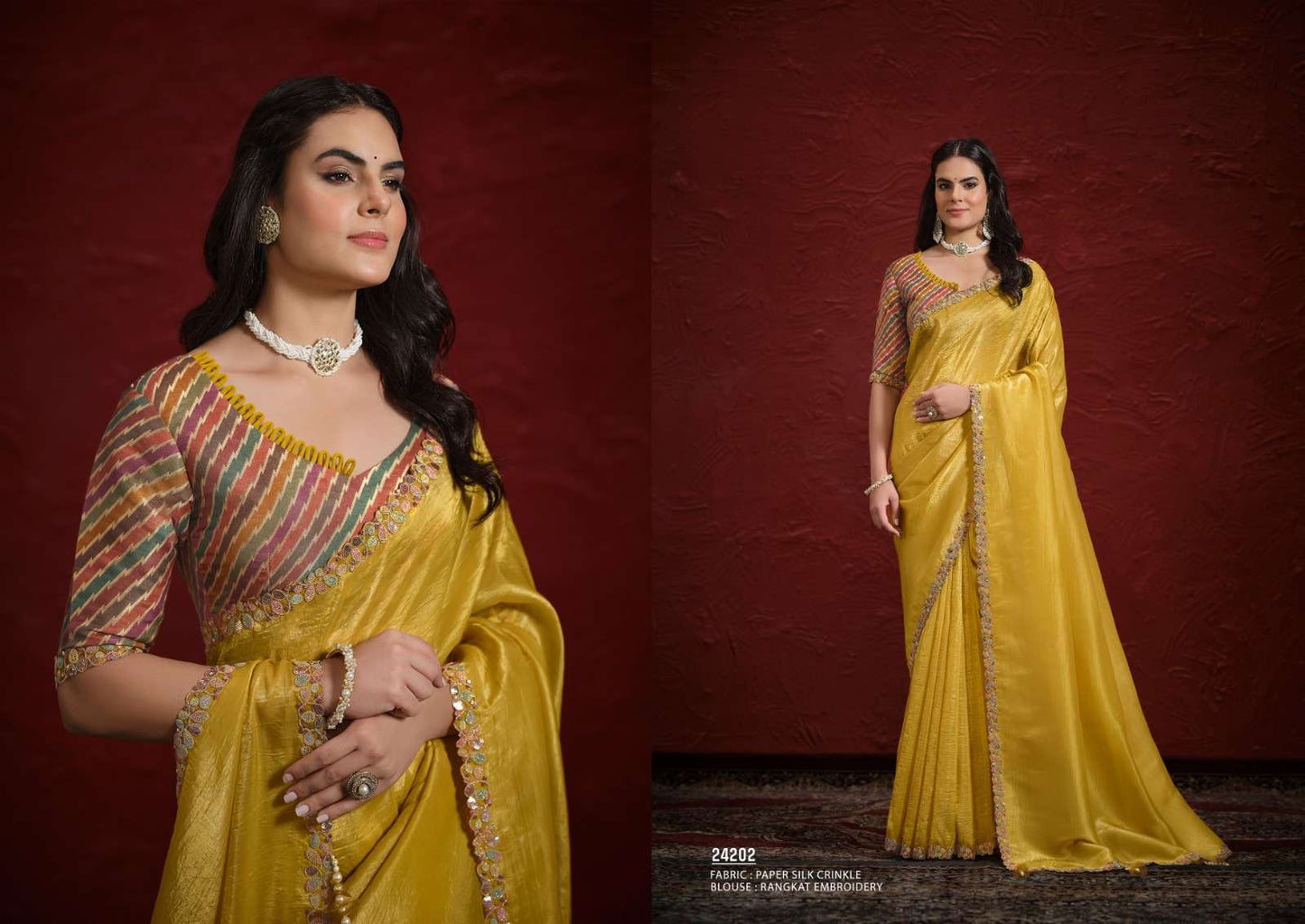 Golden yellow designer crinkle saree-DC16