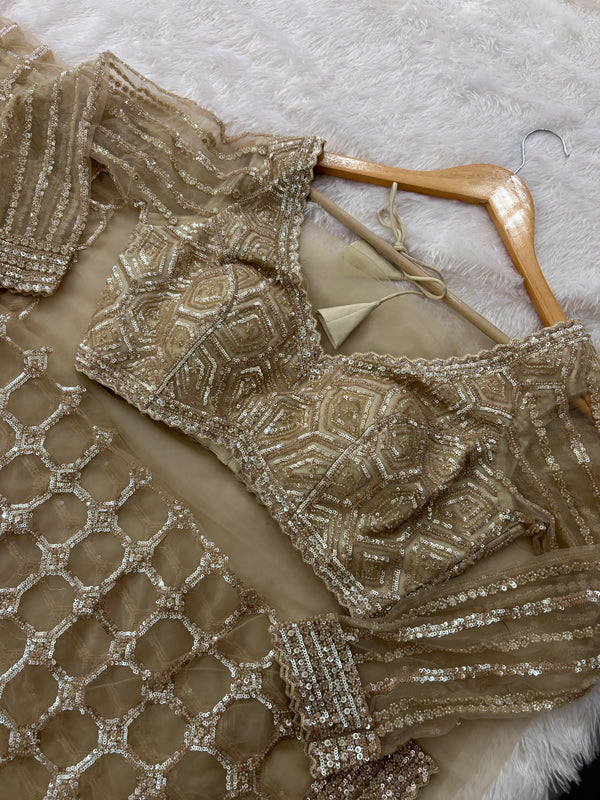 Designer Gold Beige Net Saree With Full Sleeves Sequence Blouse