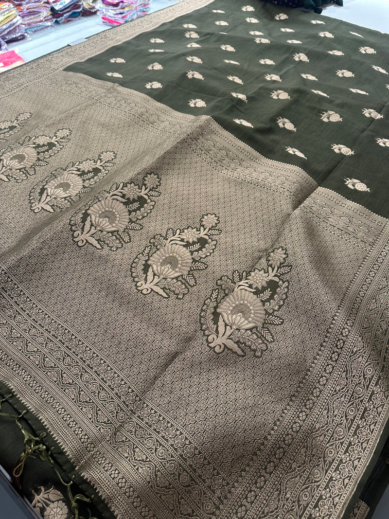 Venkatagiri fancy soft Linen Cotton sarees with self blouse and fancy Border and Butties all over🌹 - AU12