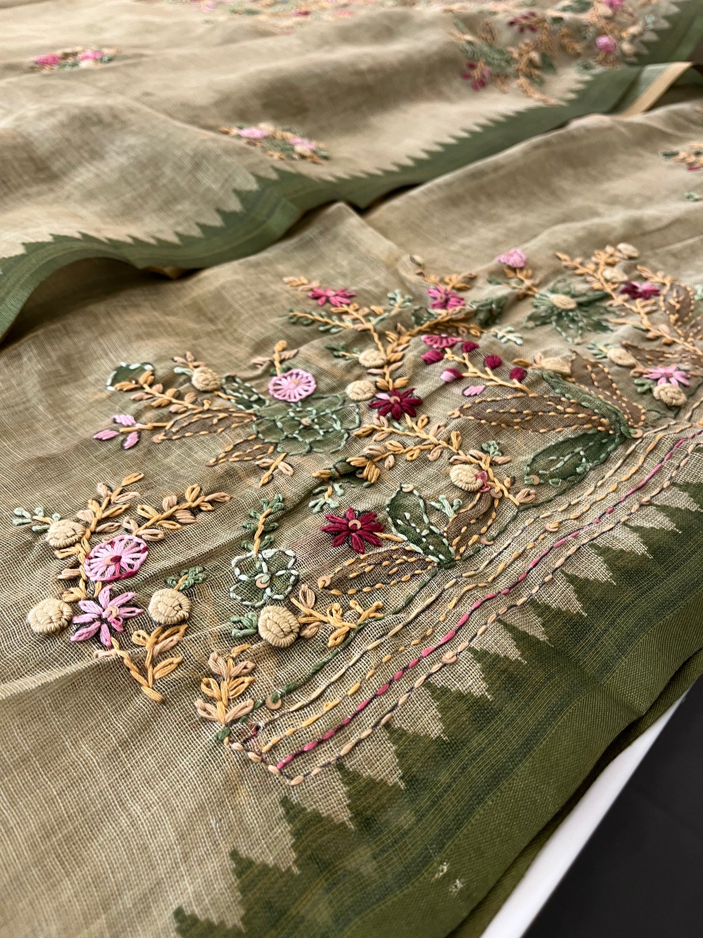 Designer linen  saree full embroidery