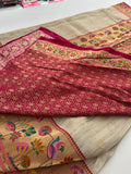 Cream x Pink Pure Tussar Paithani Designer Saree - AU12