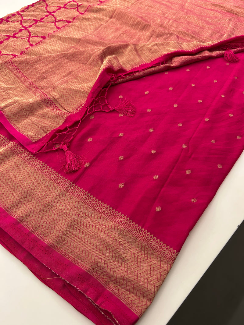 Rich Fancy Georgette Viscose Saree in Pastels and a Dark Shade♥️
Comes with Brocade buttas and butti self blouse ♥️ JU21