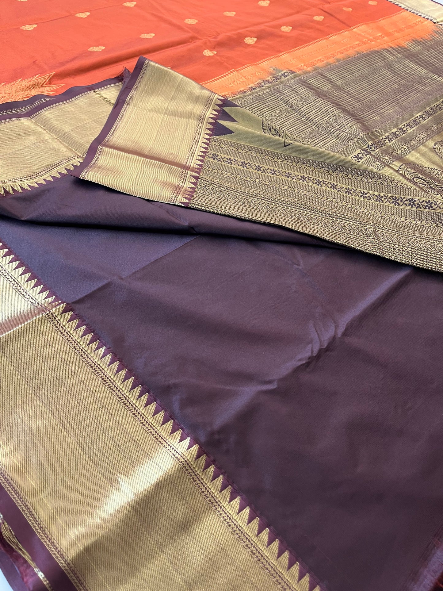 Rust orange x deep wine semi Pattu saree