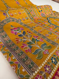 JU17 - Mustard Yellow Pashmina Designer Saree with Aari Work & Pink Zari Border