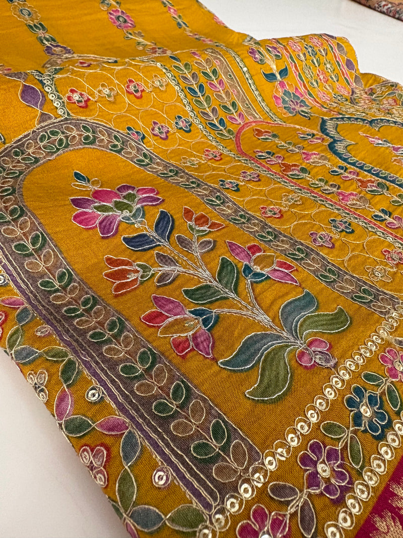 JU17 - Mustard Yellow Pashmina Designer Saree with Aari Work & Pink Zari Border