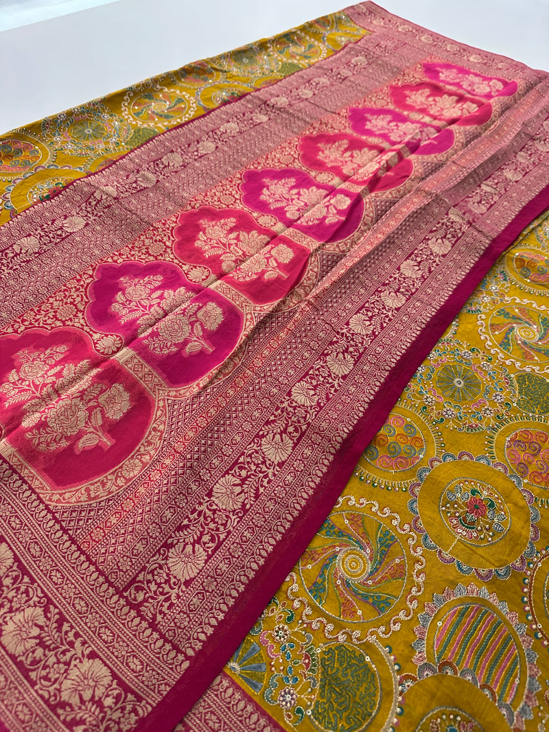 Pashmina silk sari with aari work round designs all over and contrast pink blouse🌹-AU6