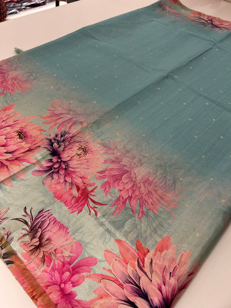 Digital floral Printed Tussar Saree,, contrast butti blouses🌹/- AU12