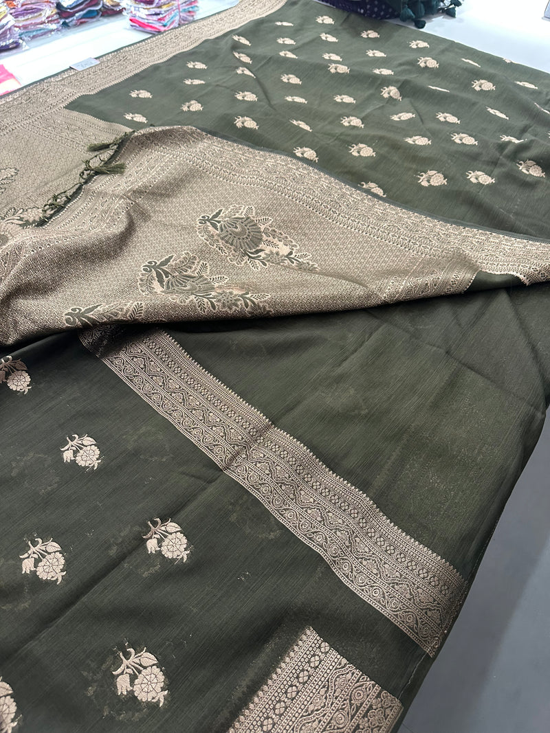 Venkatagiri fancy soft Linen Cotton sarees with self blouse and fancy Border and Butties all over🌹 - AU12