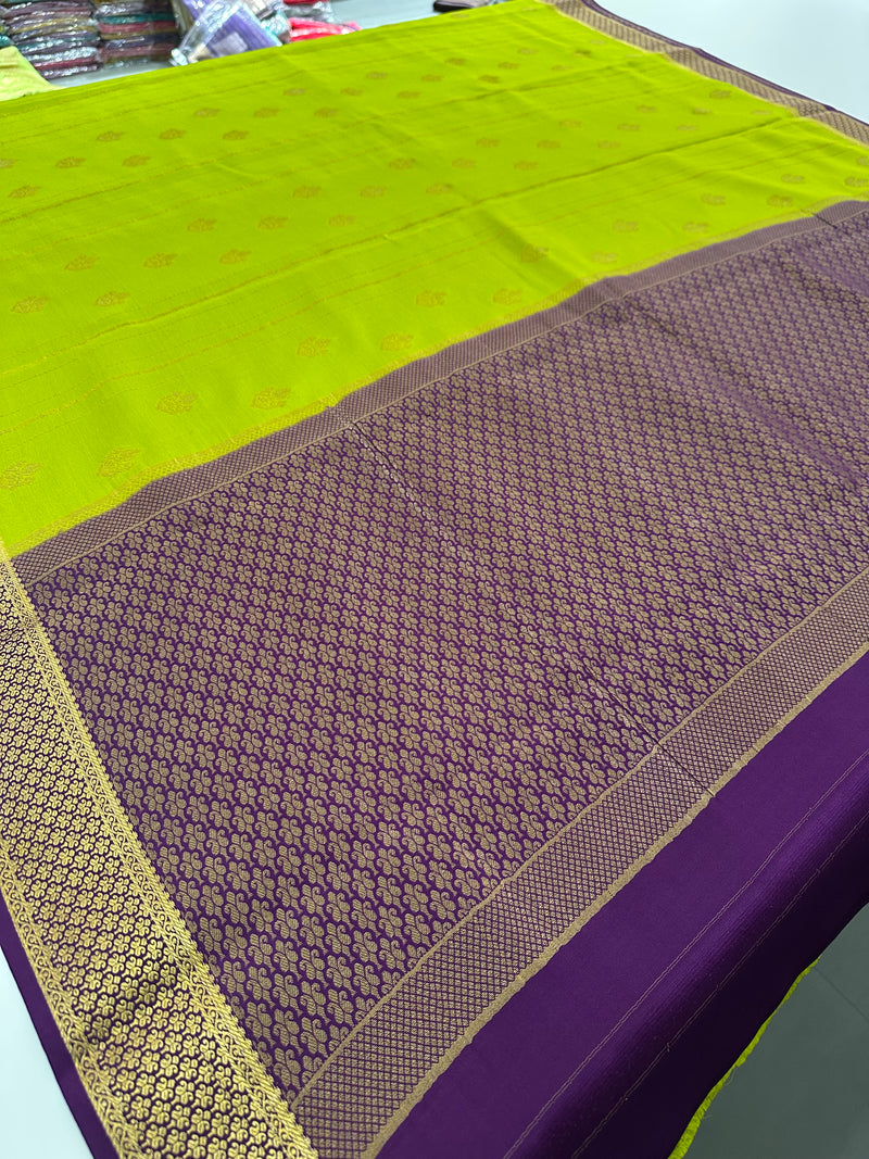 Olive Mustard x Navy Purple 120 GSM Mysore Crepe Silk Saree - AU8