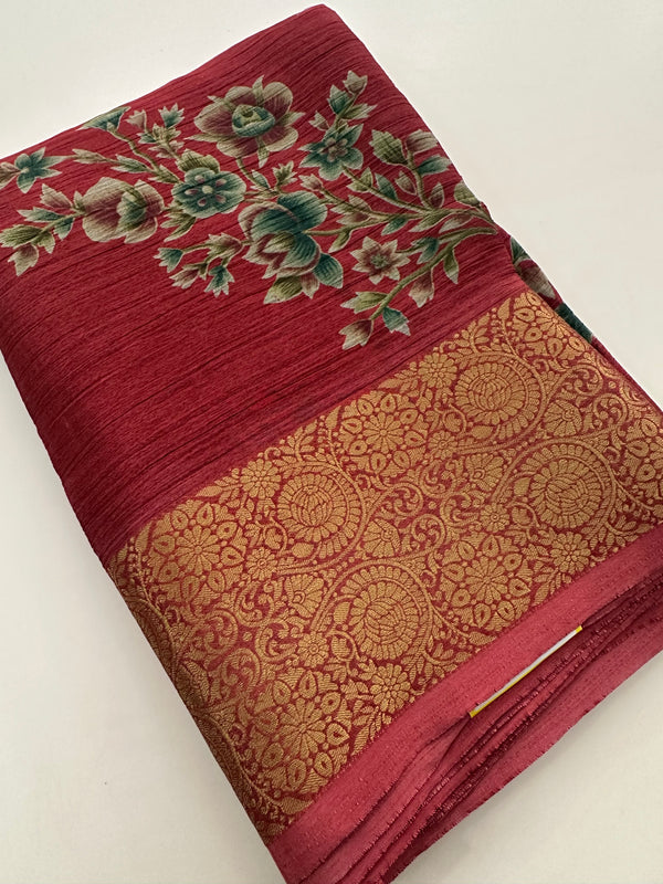 Crush Crape Chiffon Printed Sarees With self Butti Printed Blouse Piece🌹- J29