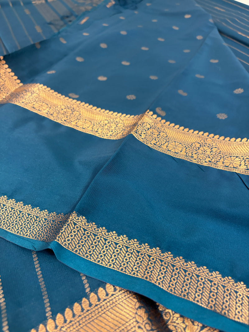 PEACOCK BLUE STRIPE SEMI CREPE SILK SAREE-J17