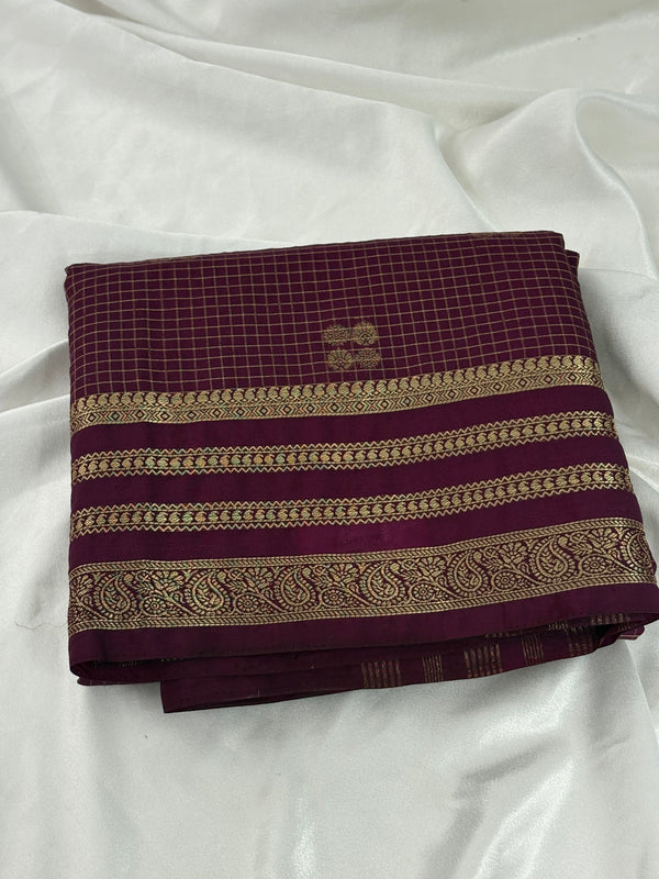 Wine Semi Mysore Silk Checks Saree with Butta - AU13