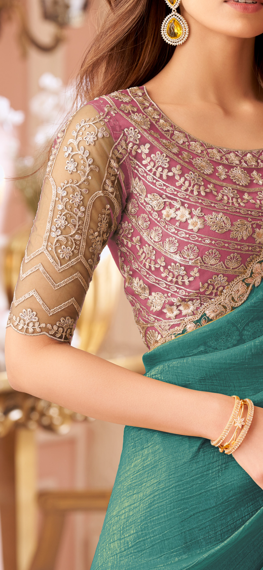 Designer Rama Blue X Pink Georgette Saree