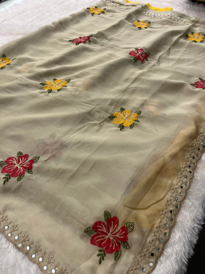 Chiffon Embroidery Buttas with Mirror pallu-M2