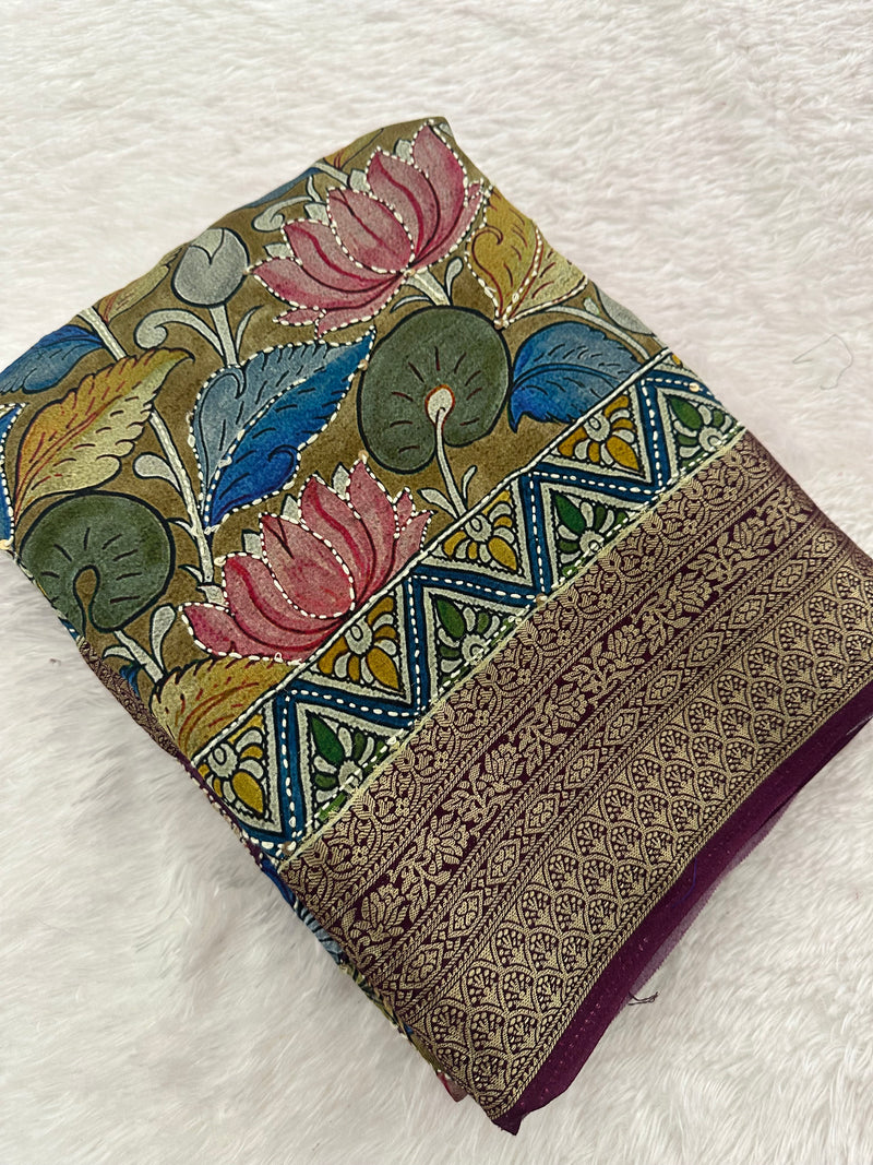 Katha Work Pure Chanderi Mul Saree🔥❣️-JU11