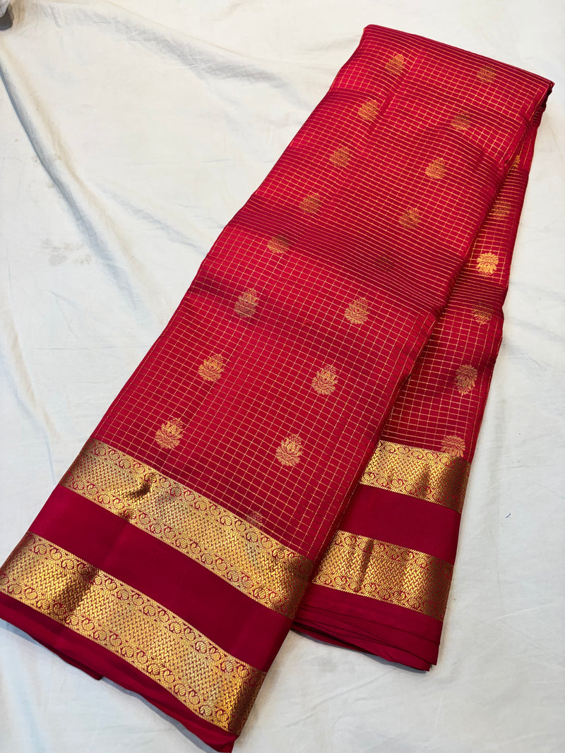 RANI PINK GOLD JARI MICRO CHECKS AND SMALL BUTTIES WITH BENTEX BORDER PUREMIX KANCHI SILK SAREE