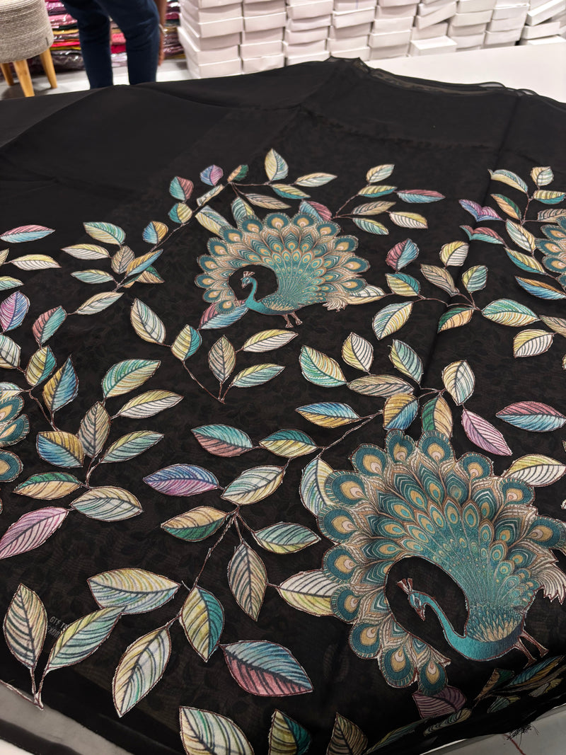 Black Patch Work Netted Kora Fabric Designer Saree