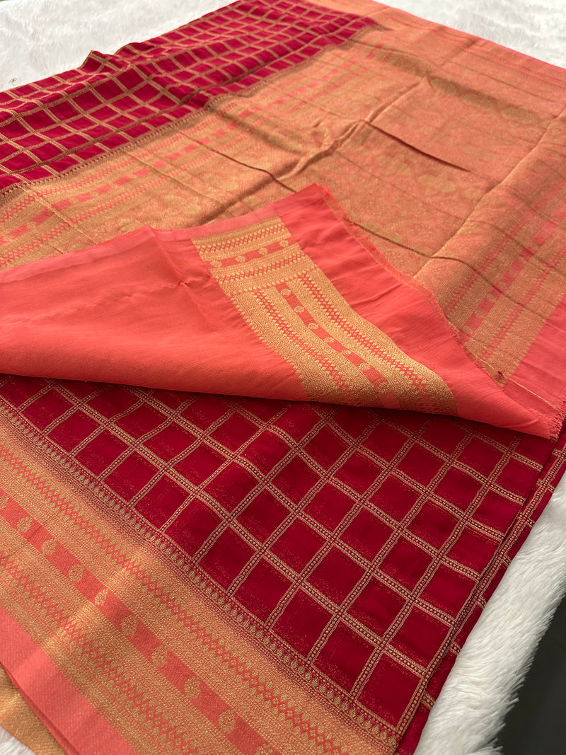 Premium Georgette Sarees In Checks Zari and Small Border with Contrast Blouse Piece 🌹-JU18