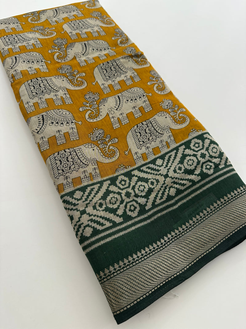 Yellow X Green Soft Printed Kalamkari Chanderi Saree